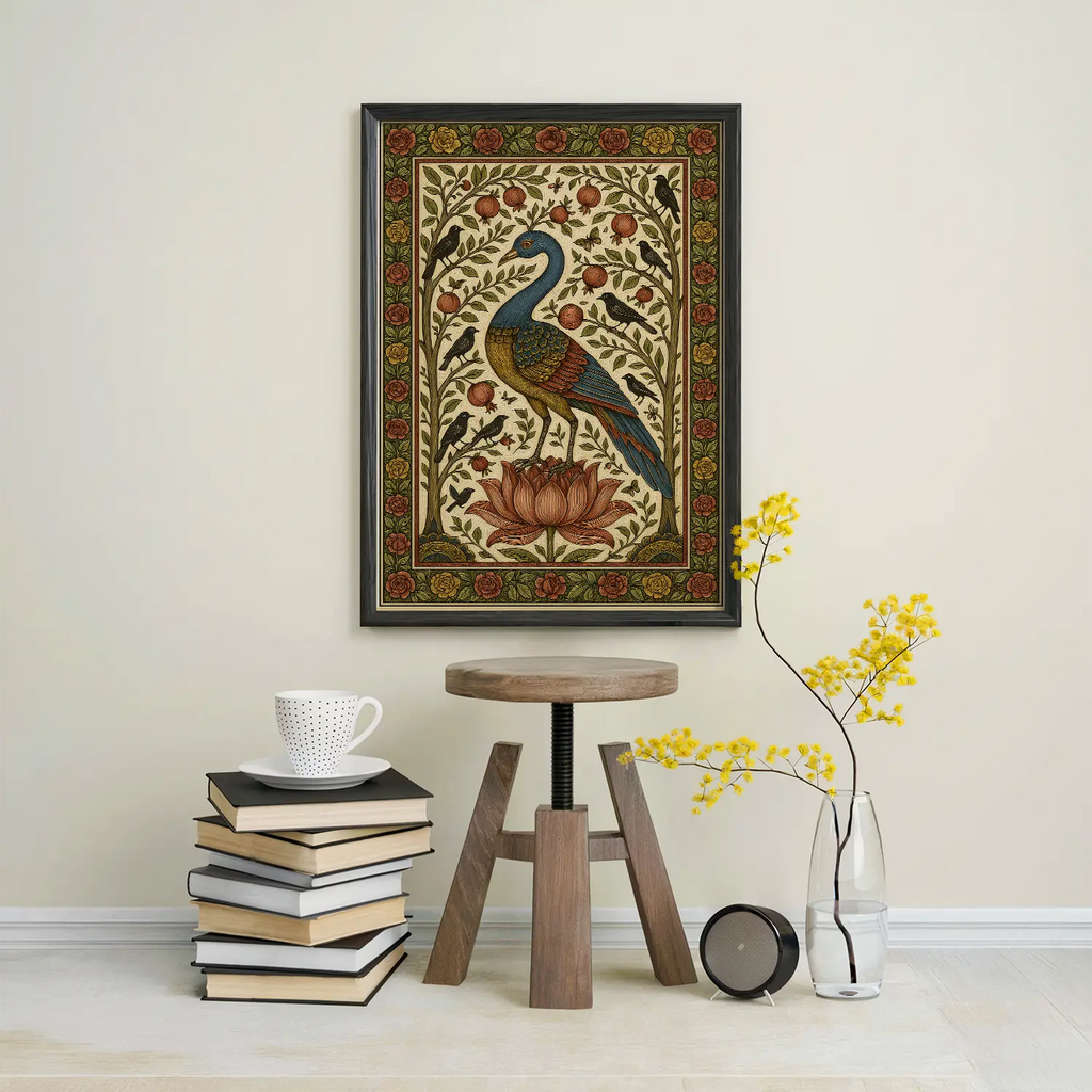 Decorative peacock print on a wall above a stack of books and small table.