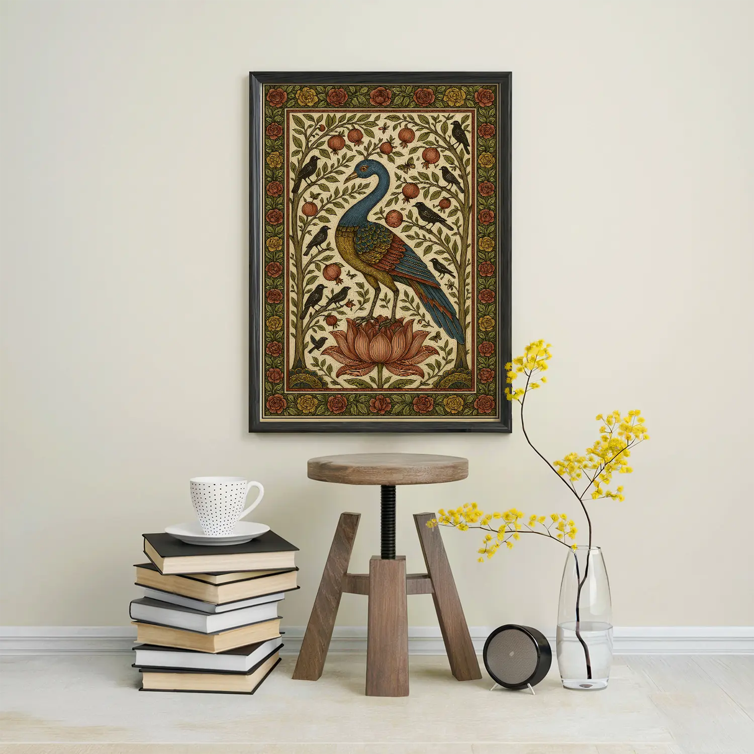 Decorative peacock print on a wall above a stack of books and small table.