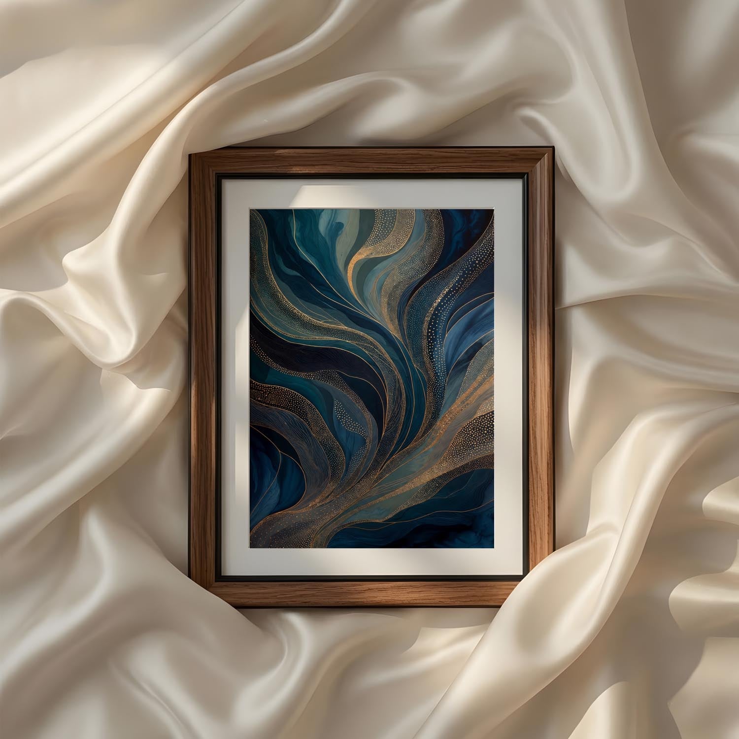 Blue Gold Modern Abstract Triptych Printable Wall Art Set of 3 displaying dynamic flowing layers of deep navy, aqua blue, teal, slate gray and luminous metallic gold in an organic fluid composition. Graceful abstract curves evoke coastal landscapes, marble veining and moving water with luxurious texture and dimensional depth. Modern blue and gold printable abstract wall art designed for elegant living rooms, bedrooms, offices and contemporary gallery wall arrangements. Blue and Gold Abstract 3 Panel Gallery
