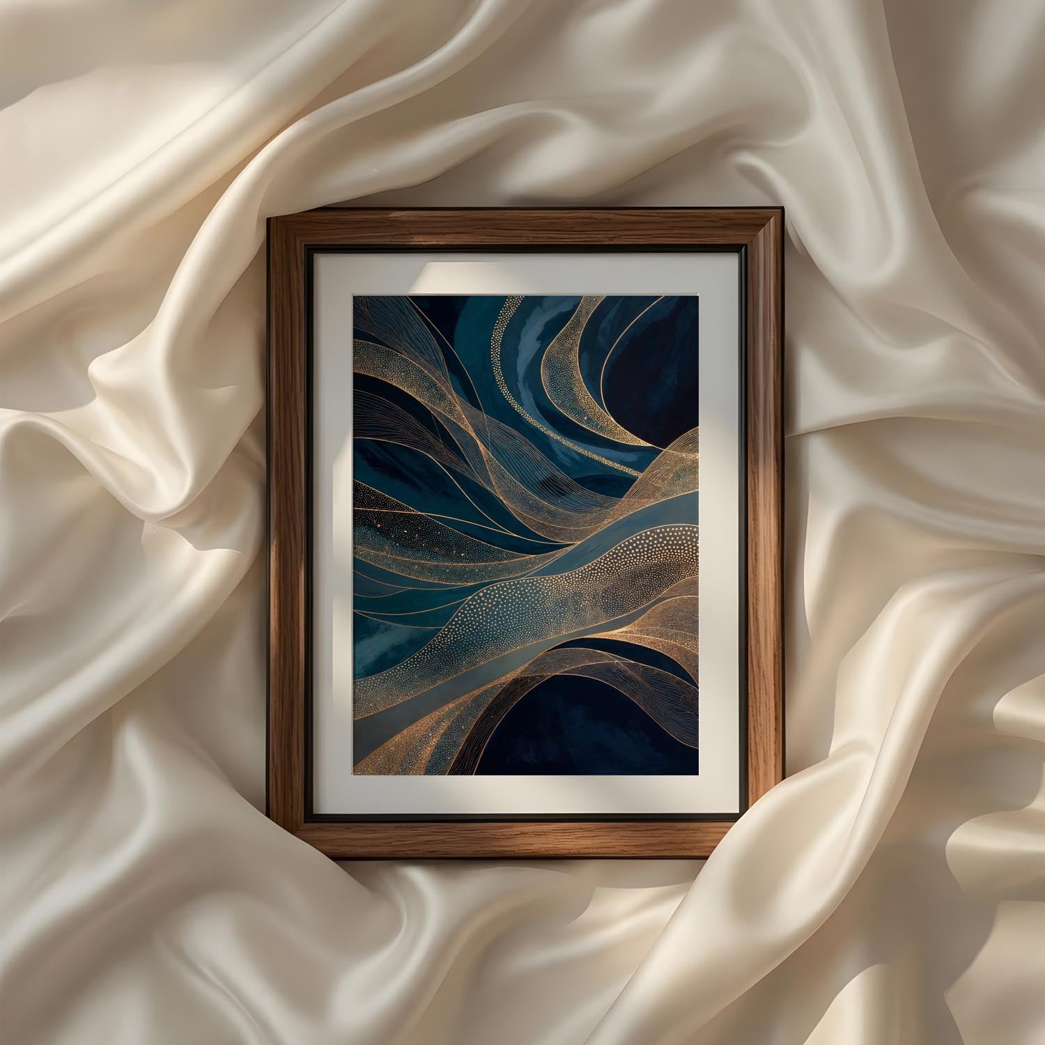 Blue Gold Modern Abstract Triptych Printable Wall Art Set of 3 showcasing sweeping abstract ribbons in deep midnight blue, turquoise, slate blue and champagne gold gracefully crossing the composition. Delicate metallic gold speckles enhance layered fluid curves inspired by ocean waves, flowing fabric and modern luxury design. Elegant contemporary abstract printable wall art with dramatic movement, premium texture and refined neutral sophistication for modern home décor, gallery walls and interior styling. 