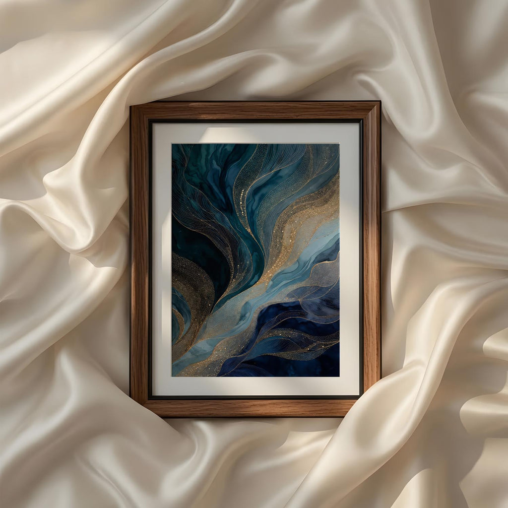 Blue Gold Modern Abstract Triptych Printable Wall Art Set of 3 featuring flowing navy blue, deep teal, sapphire and smoky charcoal abstract waves intertwined with shimmering metallic gold accents. Elegant layered fluid textures create a sense of movement resembling ocean currents, silk ribbons and natural stone formations. Contemporary luxury abstract artwork with rich depth, organic flowing lines and sophisticated blue and gold color palette, perfect for modern living rooms, bedrooms, offices and upscale g