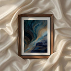 Blue Gold Modern Abstract Triptych Printable Wall Art Set of 3 featuring flowing navy blue, deep teal, sapphire and smoky charcoal abstract waves intertwined with shimmering metallic gold accents. Elegant layered fluid textures create a sense of movement resembling ocean currents, silk ribbons and natural stone formations. Contemporary luxury abstract artwork with rich depth, organic flowing lines and sophisticated blue and gold color palette, perfect for modern living rooms, bedrooms, offices and upscale g