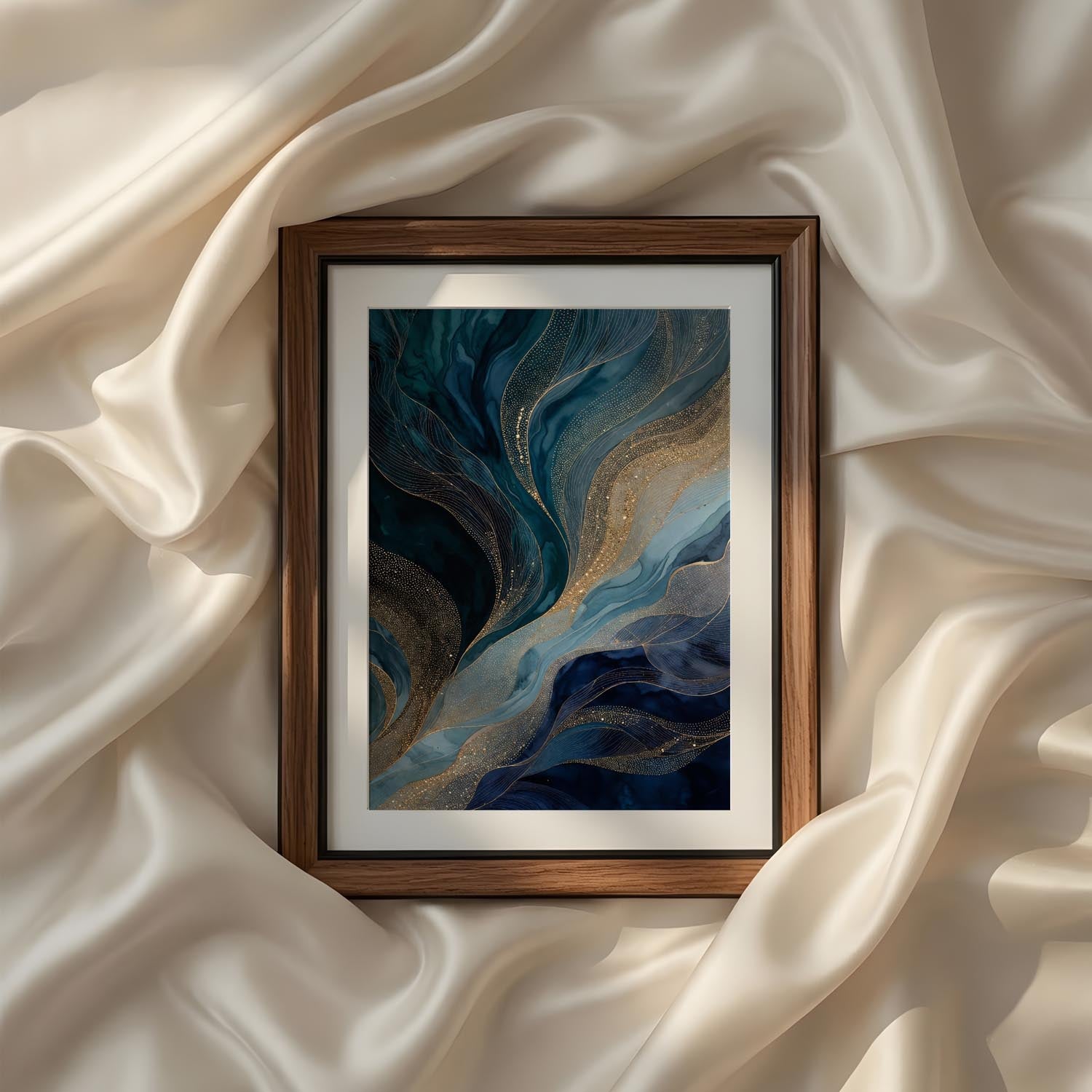 Blue Gold Modern Abstract Triptych Printable Wall Art Set of 3 featuring flowing navy blue, deep teal, sapphire and smoky charcoal abstract waves intertwined with shimmering metallic gold accents. Elegant layered fluid textures create a sense of movement resembling ocean currents, silk ribbons and natural stone formations. Contemporary luxury abstract artwork with rich depth, organic flowing lines and sophisticated blue and gold color palette, perfect for modern living rooms, bedrooms, offices and upscale g