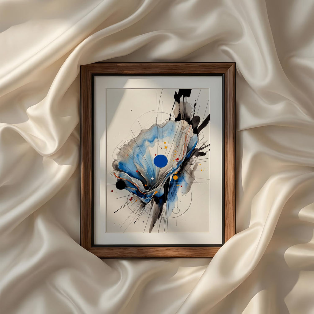 A contemporary abstract watercolor composition inspired by the delicate beauty of a blooming flower emerging through expressive layers of translucent blue washes, bold black ink splashes, and subtle golden accents. The organic movement of flowing pigments creates depth and energy, while the central cobalt blue circle becomes a striking focal point that draws the eye through the composition. Fine linear details and spontaneous brushwork add a sophisticated artistic character, balancing softness with dramatic