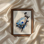 A contemporary abstract watercolor composition inspired by the delicate beauty of a blooming flower emerging through expressive layers of translucent blue washes, bold black ink splashes, and subtle golden accents. The organic movement of flowing pigments creates depth and energy, while the central cobalt blue circle becomes a striking focal point that draws the eye through the composition. Fine linear details and spontaneous brushwork add a sophisticated artistic character, balancing softness with dramatic