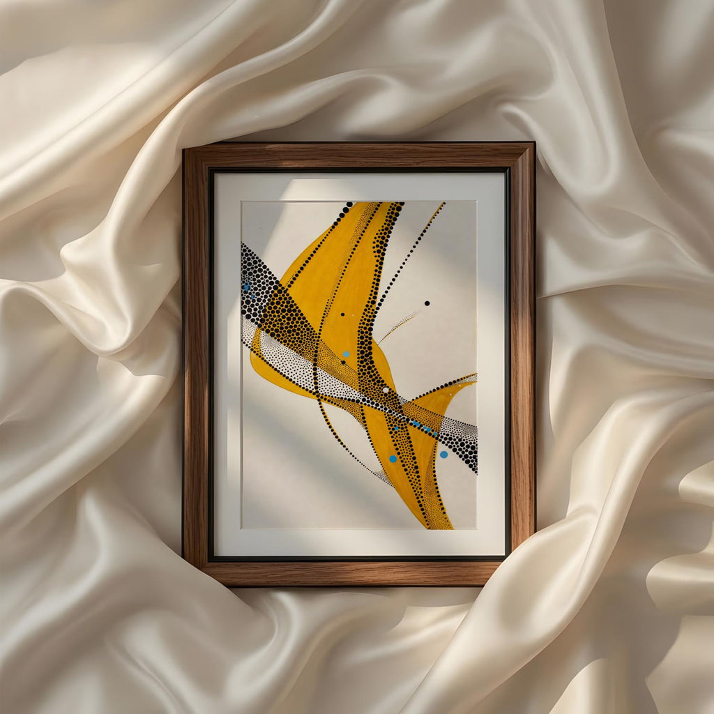 An elegant contemporary abstract composition featuring flowing ribbons of rich mustard gold gracefully intertwined with intricate black dotted textures and delicate linear elements. Inspired by movement, balance, and fluidity, the artwork creates a sense of sophistication through its dynamic curves and layered transparency. Soft ivory negative space enhances the bold flowing forms, allowing the composition to feel both luxurious and minimal. The contrast between warm golden tones and expressive black detail