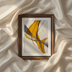 An elegant contemporary abstract composition featuring flowing ribbons of rich mustard gold gracefully intertwined with intricate black dotted textures and delicate linear elements. Inspired by movement, balance, and fluidity, the artwork creates a sense of sophistication through its dynamic curves and layered transparency. Soft ivory negative space enhances the bold flowing forms, allowing the composition to feel both luxurious and minimal. The contrast between warm golden tones and expressive black detail