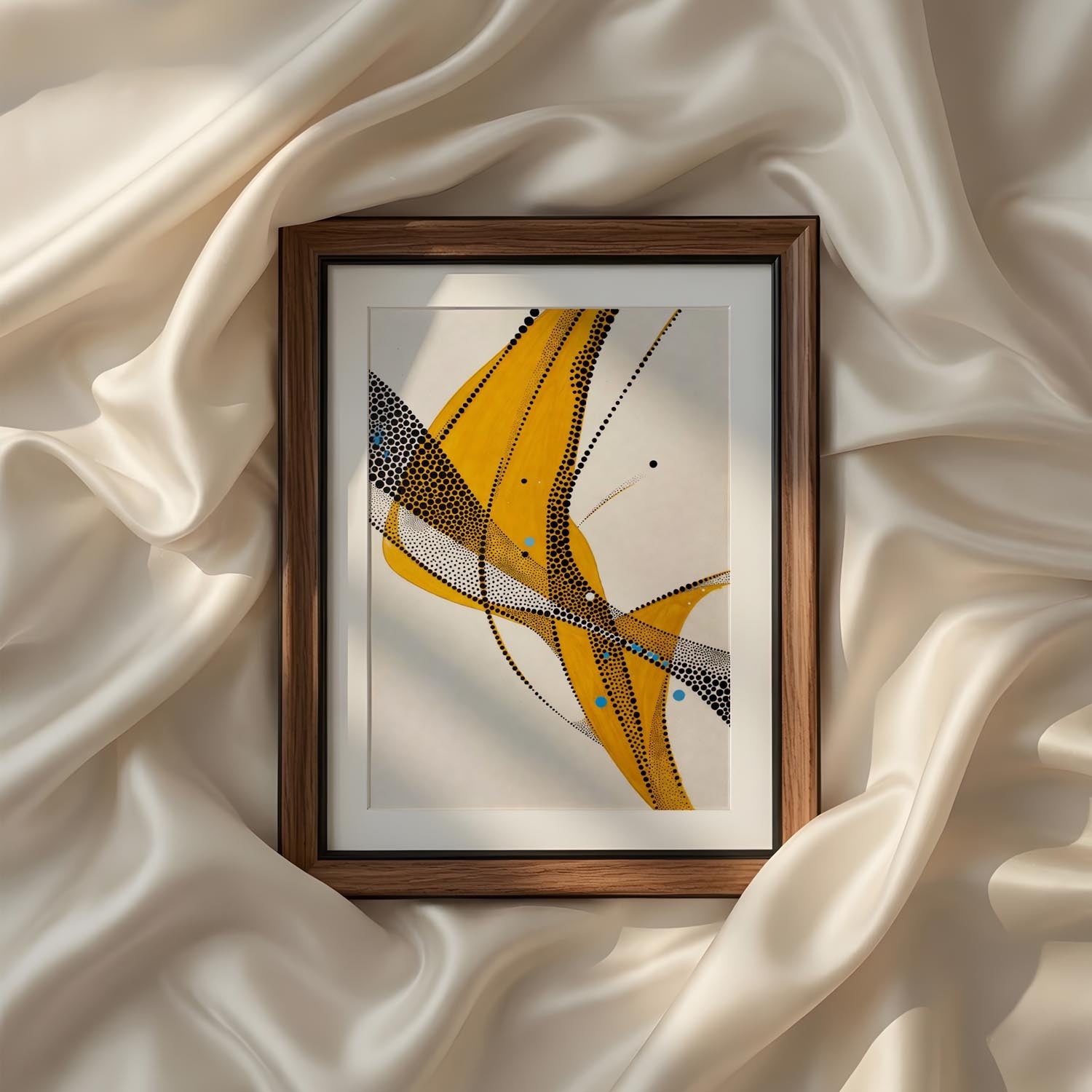 An elegant contemporary abstract composition featuring flowing ribbons of rich mustard gold gracefully intertwined with intricate black dotted textures and delicate linear elements. Inspired by movement, balance, and fluidity, the artwork creates a sense of sophistication through its dynamic curves and layered transparency. Soft ivory negative space enhances the bold flowing forms, allowing the composition to feel both luxurious and minimal. The contrast between warm golden tones and expressive black detail