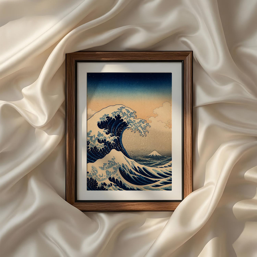 Vintage Traditional Japanese Vertical Set of 9 iArt Tech Studio featuring an iconic Great Wave inspired Japanese wall art print with Mount Fuji in the background. This traditional Ukiyo-e style printable artwork showcases dramatic ocean waves, deep blue tones and timeless Japanese craftsmanship, making it perfect Japandi wall decor, coastal Asian home décor, living room gallery walls and instant download printable art.
