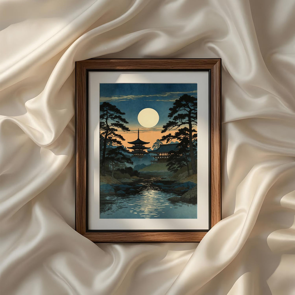 Traditional Japanese landscape wall art from the Vintage Traditional Japanese Vertical Set of 9 iArt Tech Studio depicting a glowing full moon above a peaceful pagoda surrounded by pine trees and reflective water. This vintage Japanese printable art combines serene night scenery, rich blue tones and classic Asian aesthetics, ideal for Japandi interiors, meditation rooms, bedrooms and elegant gallery wall décor.