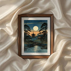 Traditional Japanese landscape wall art from the Vintage Traditional Japanese Vertical Set of 9 iArt Tech Studio depicting a glowing full moon above a peaceful pagoda surrounded by pine trees and reflective water. This vintage Japanese printable art combines serene night scenery, rich blue tones and classic Asian aesthetics, ideal for Japandi interiors, meditation rooms, bedrooms and elegant gallery wall décor.