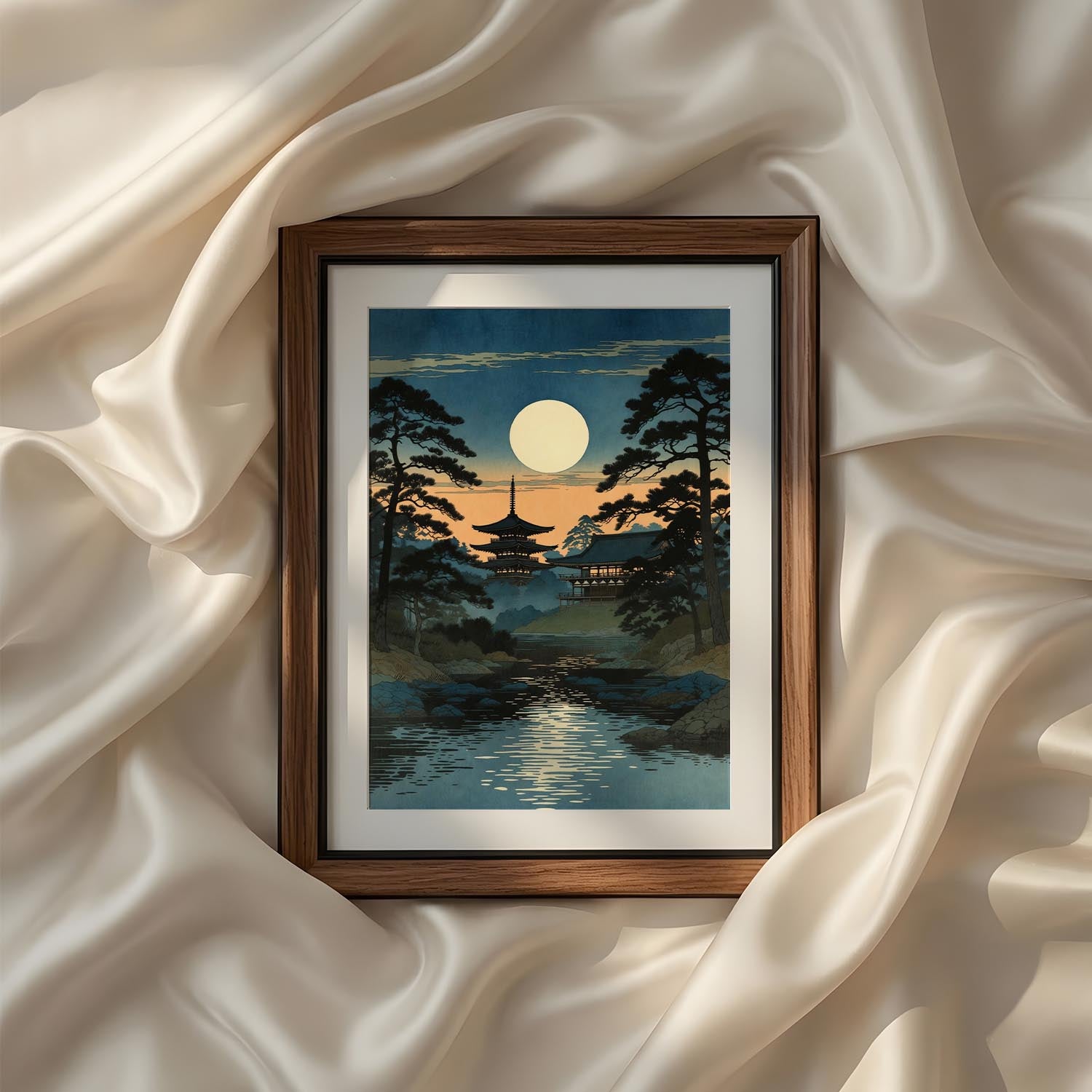 Traditional Japanese landscape wall art from the Vintage Traditional Japanese Vertical Set of 9 iArt Tech Studio depicting a glowing full moon above a peaceful pagoda surrounded by pine trees and reflective water. This vintage Japanese printable art combines serene night scenery, rich blue tones and classic Asian aesthetics, ideal for Japandi interiors, meditation rooms, bedrooms and elegant gallery wall décor.