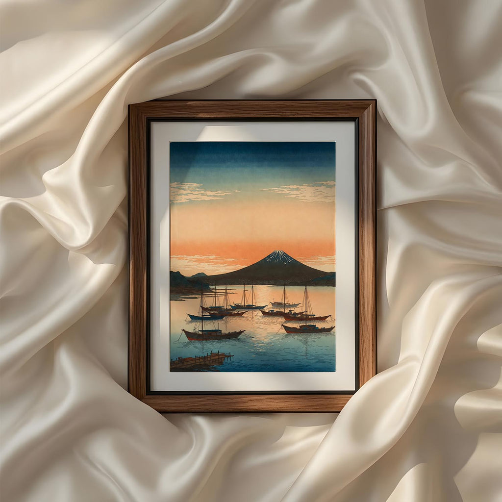 Traditional Japanese harbor landscape wall art from the Vintage Traditional Japanese Vertical Set of 9 iArt Tech Studio featuring fishing boats resting beneath Mount Fuji during a warm sunset. Soft pastel skies, calm waters and timeless Japanese scenery create sophisticated printable wall art perfect for coastal interiors, Japandi living rooms and Asian-inspired home décor.