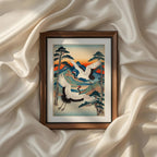 Vintage Japanese crane wall art from the Vintage Traditional Japanese Vertical Set of 9 iArt Tech Studio featuring elegant red-crowned cranes soaring across a colorful mountain landscape in traditional Ukiyo-e inspired style. Symbolizing longevity, peace and good fortune, this printable Japanese artwork adds refined Asian elegance to Japandi interiors, modern gallery walls and luxury home décor.
