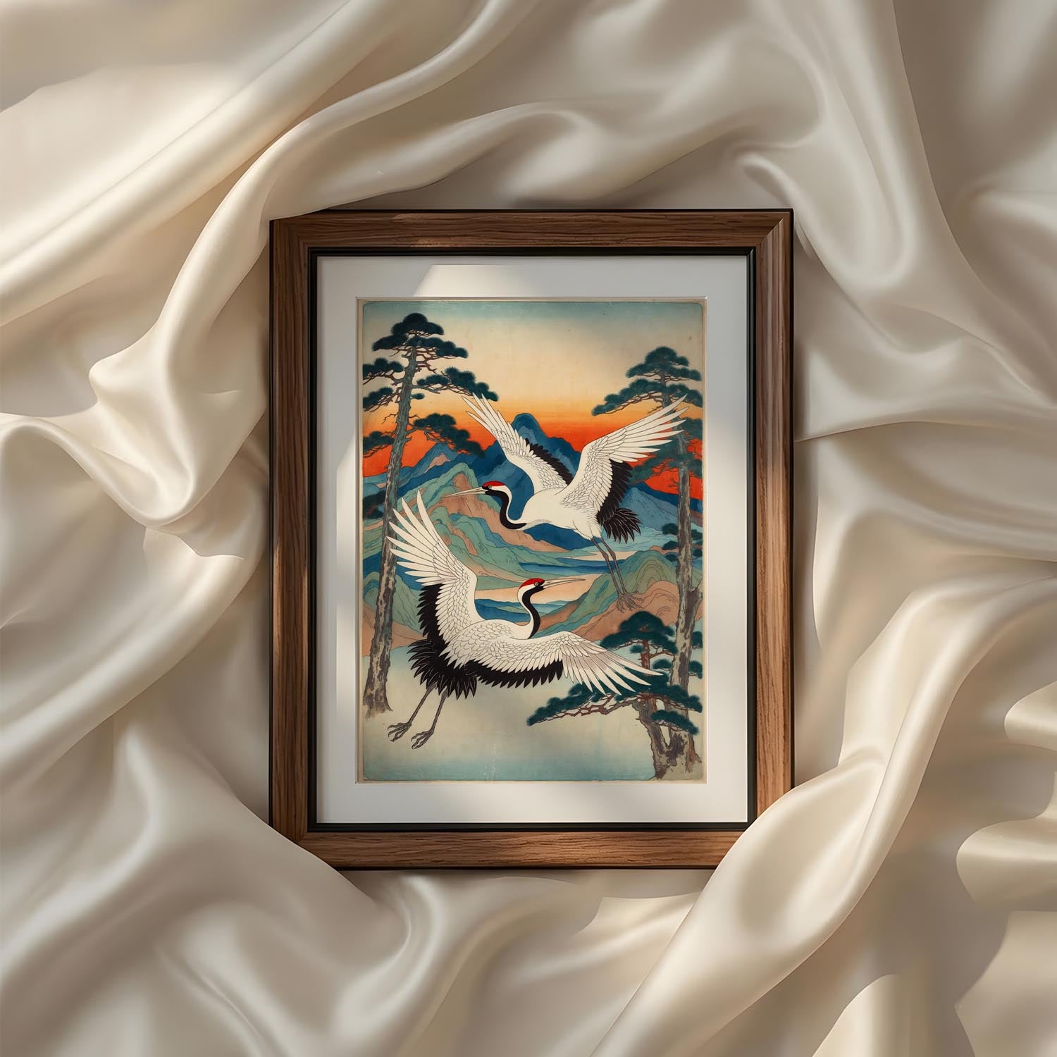 Vintage Japanese crane wall art from the Vintage Traditional Japanese Vertical Set of 9 iArt Tech Studio featuring elegant red-crowned cranes soaring across a colorful mountain landscape in traditional Ukiyo-e inspired style. Symbolizing longevity, peace and good fortune, this printable Japanese artwork adds refined Asian elegance to Japandi interiors, modern gallery walls and luxury home décor.