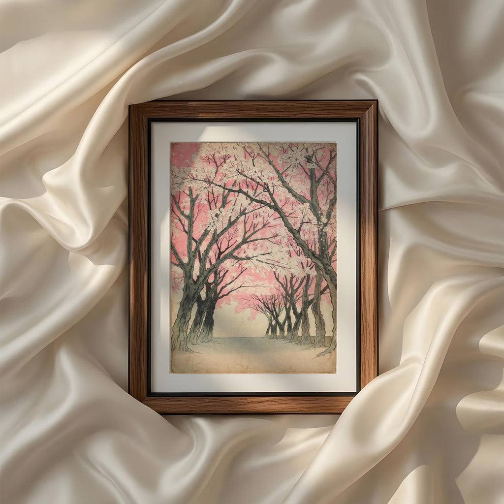 Elegant cherry blossom Japanese wall art from the Vintage Traditional Japanese Vertical Set of 9 iArt Tech Studio illustrating a peaceful avenue lined with blooming sakura trees in soft pink tones. This vintage printable Japanese artwork creates a calming atmosphere perfect for Japandi home décor, feminine interiors, bedrooms, entryways and minimalist gallery wall displays.
