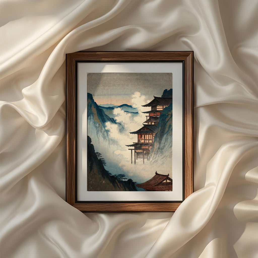 Traditional Japanese landscape wall art from the Vintage Traditional Japanese Vertical Set of 9 iArt Tech Studio depicting a glowing full moon above a peaceful pagoda surrounded by pine trees and reflective water. This vintage Japanese printable art combines serene night scenery, rich blue tones and classic Asian aesthetics, ideal for Japandi interiors, meditation rooms, bedrooms and elegant gallery wall décor.