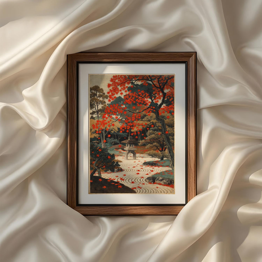 Vintage Japanese garden printable wall art from the Vintage Traditional Japanese Vertical Set of 9 iArt Tech Studio showcasing vibrant autumn foliage, tranquil stone pathways and traditional landscaping inspired by historic Japanese gardens. Rich red leaves and peaceful scenery make this Asian wall décor ideal for Japandi interiors, living rooms, offices and elegant seasonal gallery walls.