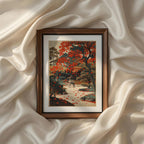 Vintage Japanese garden printable wall art from the Vintage Traditional Japanese Vertical Set of 9 iArt Tech Studio showcasing vibrant autumn foliage, tranquil stone pathways and traditional landscaping inspired by historic Japanese gardens. Rich red leaves and peaceful scenery make this Asian wall décor ideal for Japandi interiors, living rooms, offices and elegant seasonal gallery walls.
