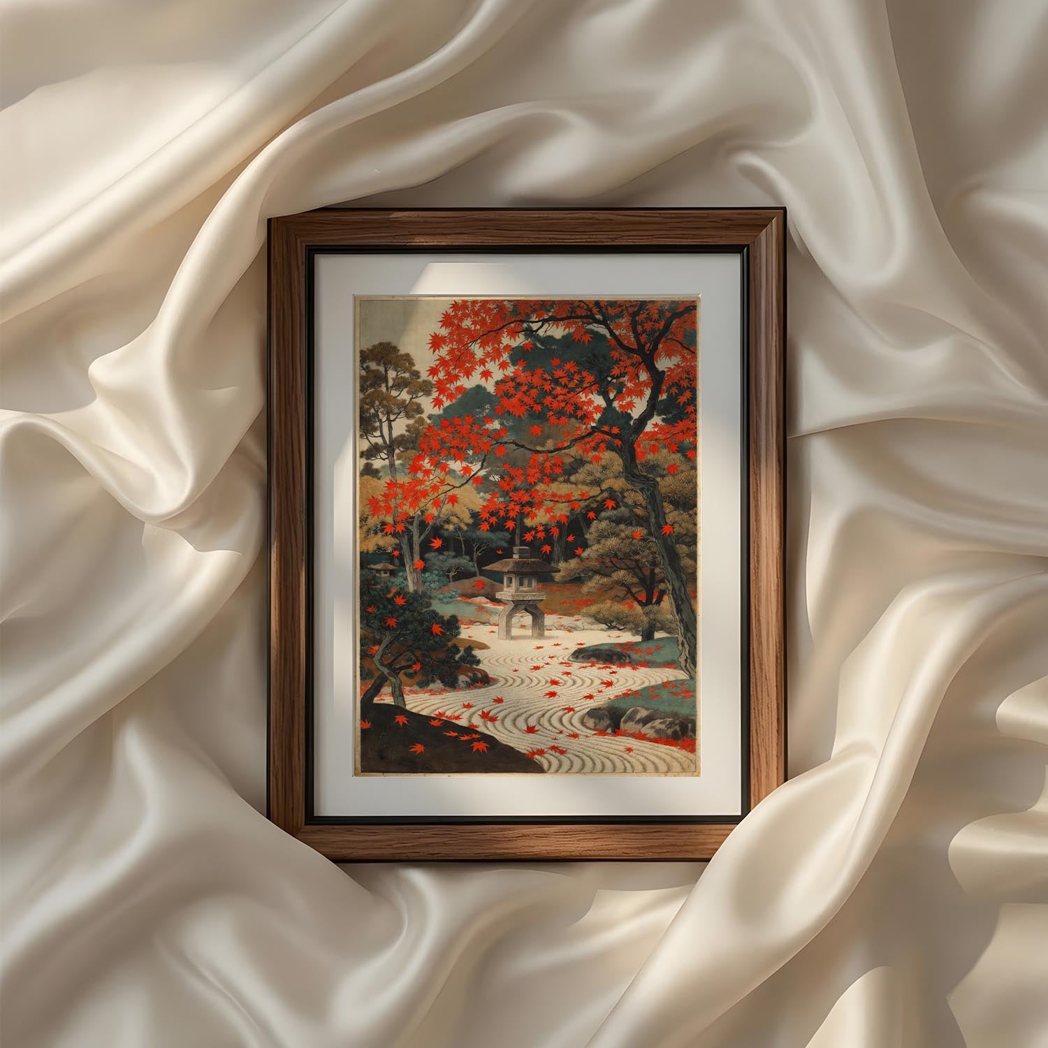 Vintage Japanese garden printable wall art from the Vintage Traditional Japanese Vertical Set of 9 iArt Tech Studio showcasing vibrant autumn foliage, tranquil stone pathways and traditional landscaping inspired by historic Japanese gardens. Rich red leaves and peaceful scenery make this Asian wall décor ideal for Japandi interiors, living rooms, offices and elegant seasonal gallery walls.