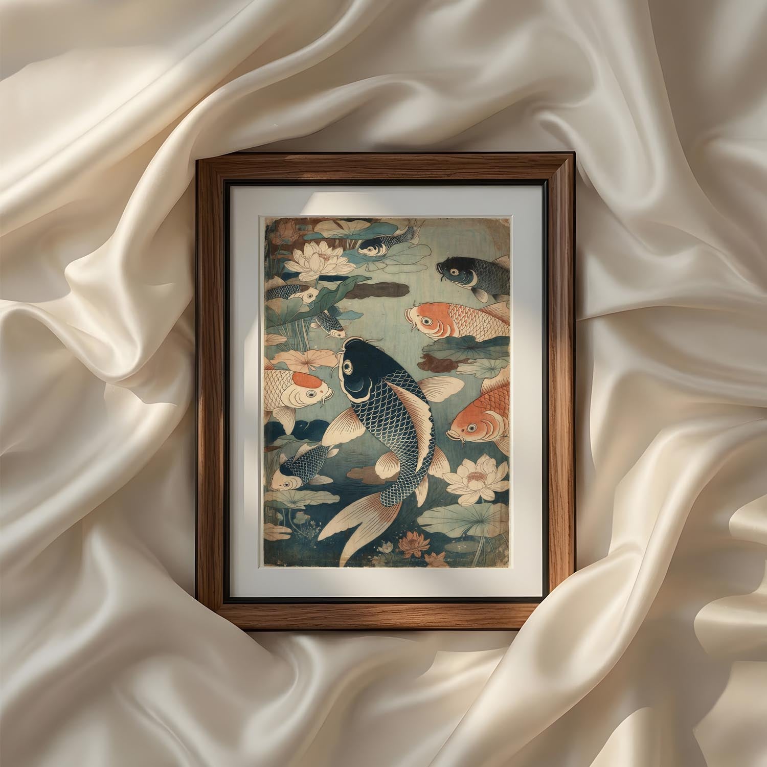 Vintage Japanese koi fish wall art from the Vintage Traditional Japanese Vertical Set of 9 iArt Tech Studio displaying graceful koi swimming among lotus flowers in a beautifully detailed traditional Asian composition. This printable Japanese artwork symbolizes prosperity, harmony and good fortune, making it an ideal choice for Japandi décor, spa-inspired interiors and elegant gallery wall collections.