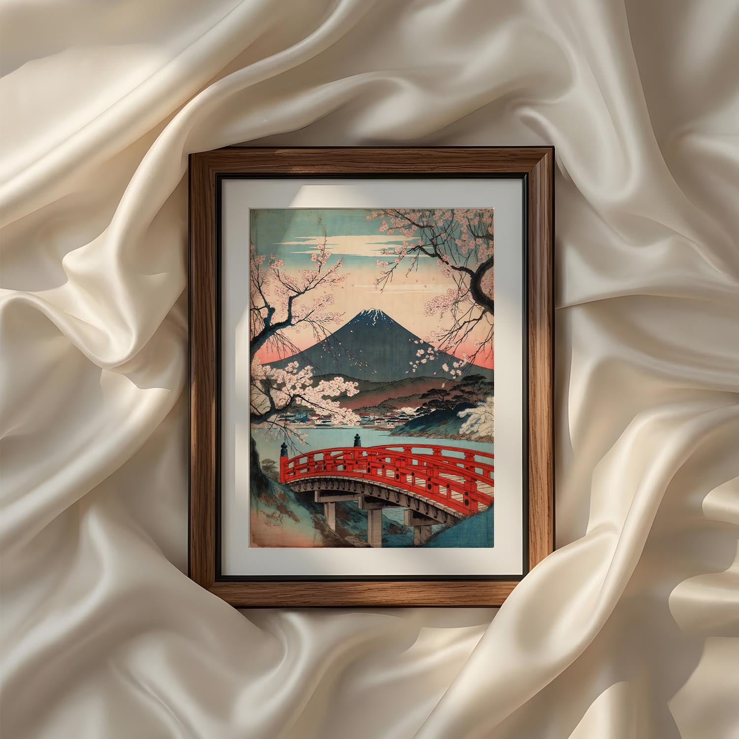Vintage Japanese Mount Fuji wall art from the Vintage Traditional Japanese Vertical Set of 9 iArt Tech Studio featuring blooming cherry blossoms, an elegant red bridge and the iconic Japanese mountain landscape. Inspired by traditional Japanese woodblock prints, this printable artwork brings timeless Asian beauty to modern Japandi homes, living rooms and sophisticated gallery wall arrangements.