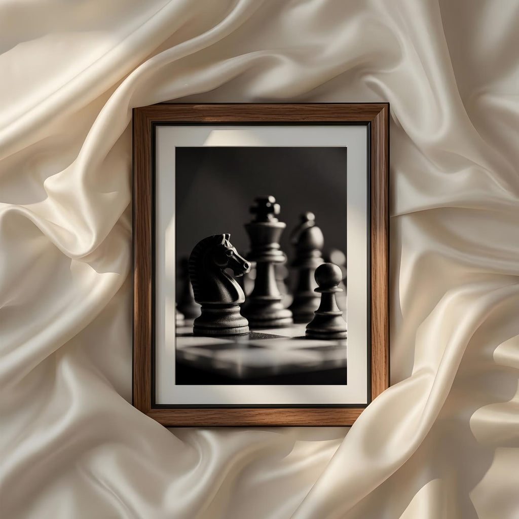 Artistic black and white chess photography capturing timeless strategy and elegant composition, printable monochrome wall art for offices, libraries, and sophisticated interiors.