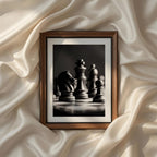 Artistic black and white chess photography capturing timeless strategy and elegant composition, printable monochrome wall art for offices, libraries, and sophisticated interiors.