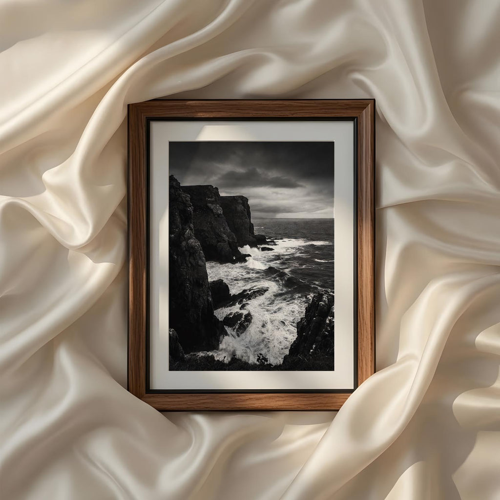 Moody coastal landscape photography featuring dramatic ocean cliffs and crashing waves in monochrome, printable fine art wall decor for elegant living spaces.