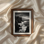 Moody coastal landscape photography featuring dramatic ocean cliffs and crashing waves in monochrome, printable fine art wall decor for elegant living spaces.