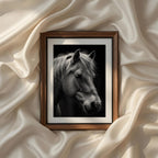 Fine art black and white horse portrait printable wall art highlighting graceful details and timeless elegance for rustic, modern, and contemporary home decor.