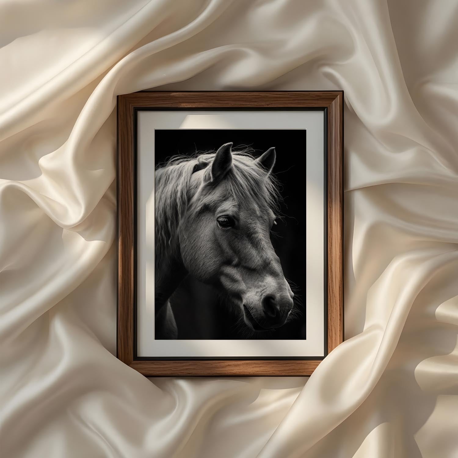 Fine art black and white horse portrait printable wall art highlighting graceful details and timeless elegance for rustic, modern, and contemporary home decor.