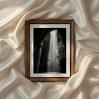 Elegant black and white architectural photography capturing dramatic sunlight streaming through a historic cathedral, printable fine art wall decor for timeless interiors.