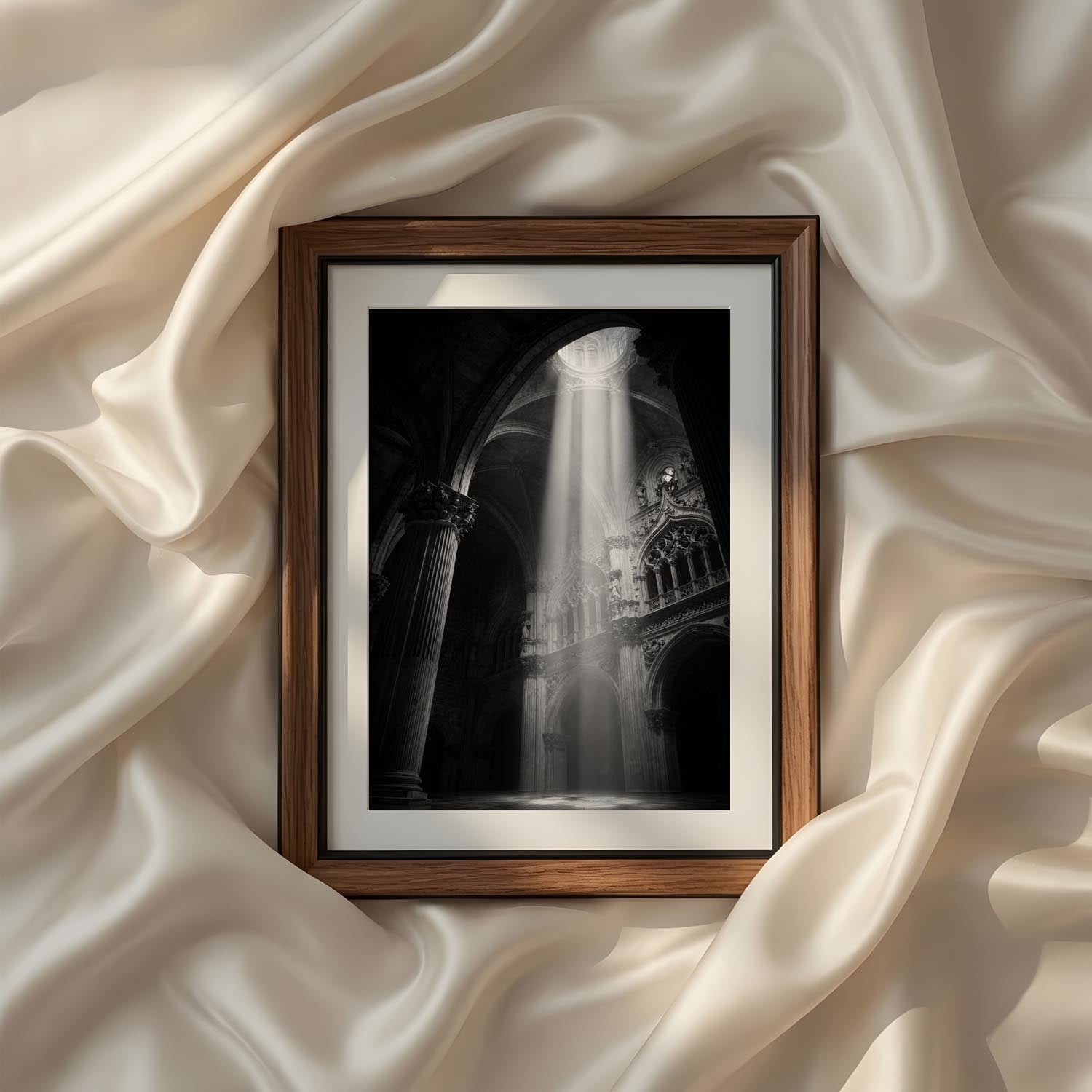Elegant black and white architectural photography capturing dramatic sunlight streaming through a historic cathedral, printable fine art wall decor for timeless interiors.
