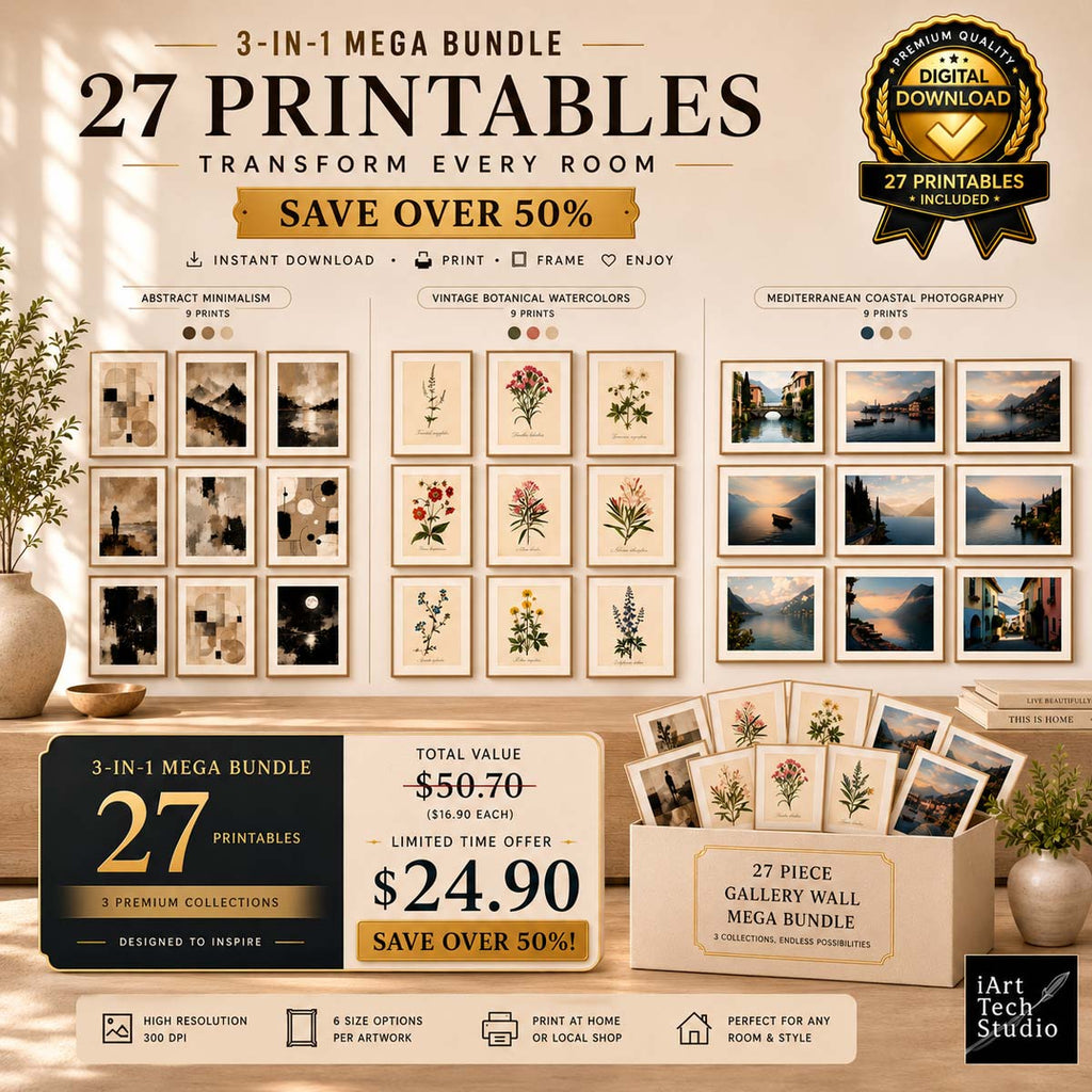 📢 3 Set of 9 Wall Art Bundle #1 🛍️ - 🔥50% OFF! Abstract Beige, Herbarium Botanical, Mediterranean Landscape Decor