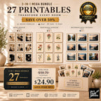 Promotional graphic for a 3-in-1 mega bundle of 27 printables designed for creating gallery walls. The image showcases a collection of digital templates in three styles: abstract minimalist, vintage botanical watercolours, and Mediterranean coastal photography.
