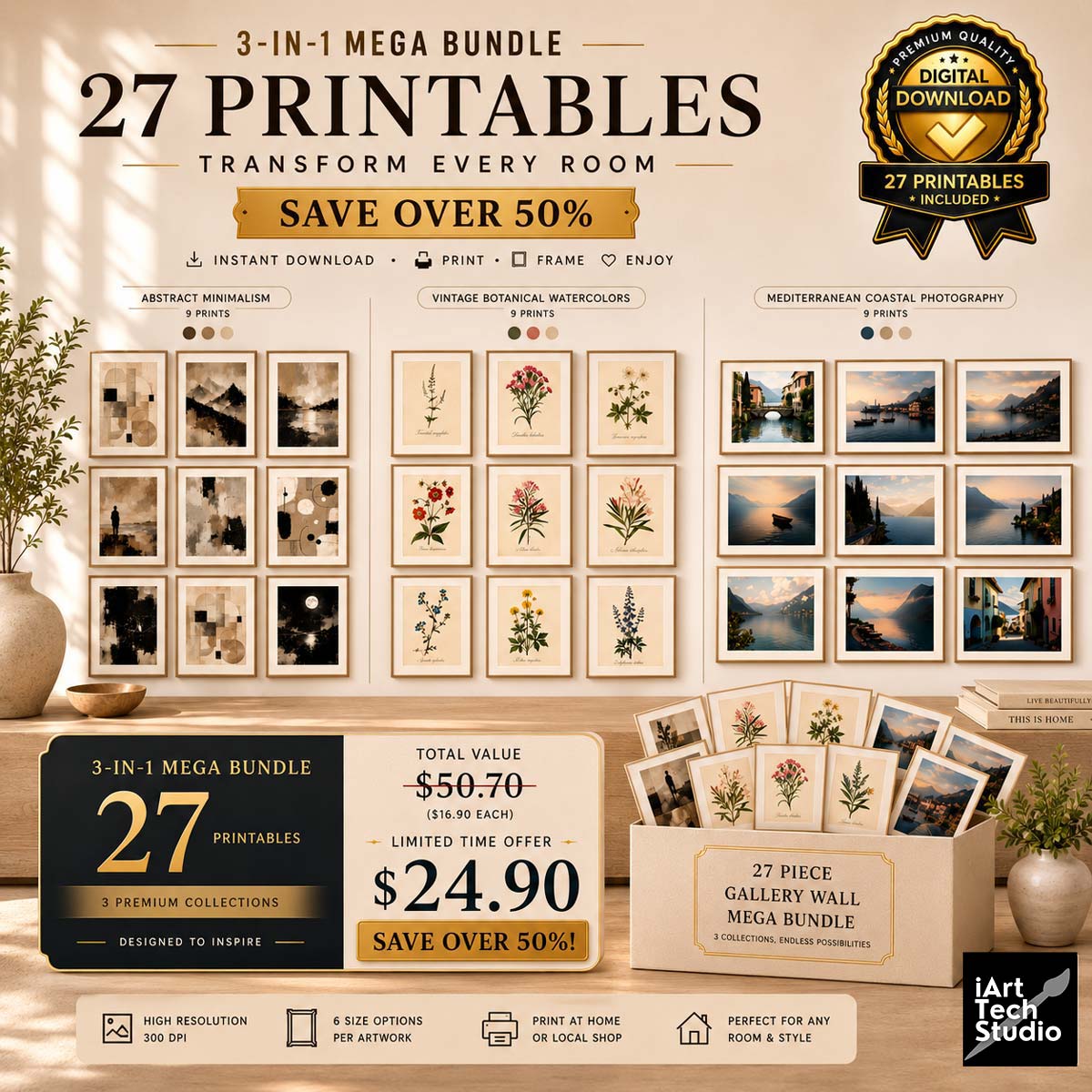 Promotional graphic for a 3-in-1 mega bundle of 27 printables designed for creating gallery walls. The image showcases a collection of digital templates in three styles: abstract minimalist, vintage botanical watercolours, and Mediterranean coastal photography.