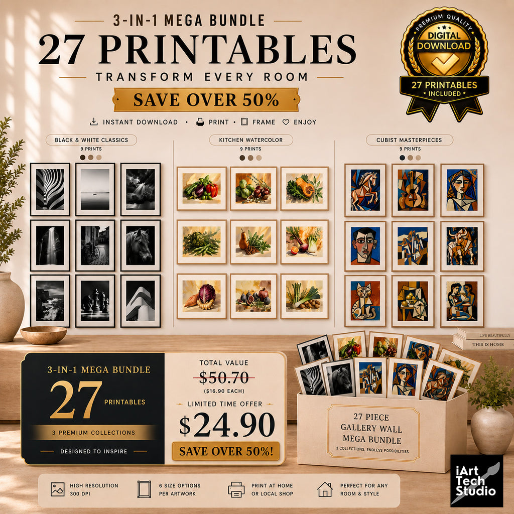Promotional graphic for a 3-in-1 mega bundle of 27 printable wall art templates, showing sample prints in black and white, kitchen watercolor, and client-masterpieces styles, with pricing, download badges, and an Iart Tech Studio logo.