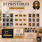 Promotional graphic for a 3-in-1 mega bundle of 27 printable wall art templates, showing sample prints in black and white, kitchen watercolor, and client-masterpieces styles, with pricing, download badges, and an Iart Tech Studio logo.
