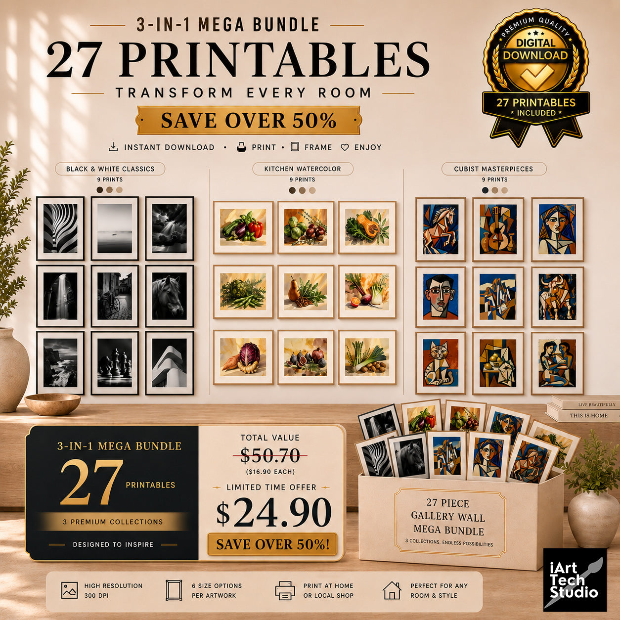 Promotional graphic for a 3-in-1 mega bundle of 27 printable wall art templates, showing sample prints in black and white, kitchen watercolor, and client-masterpieces styles, with pricing, download badges, and an Iart Tech Studio logo.