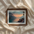 Coastal Mediterranean Photography Set of 9 iArt Tech Studio capturing a luxurious lakeside terrace with relaxing lounge chairs overlooking serene Mediterranean waters, glowing sunset skies and dramatic mountain scenery for elegant coastal home decor.