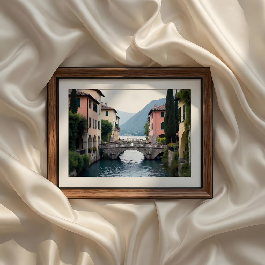 Coastal Mediterranean Photography Set of 9 iArt Tech Studio featuring a charming Mediterranean village with pastel buildings, a historic stone bridge crossing a peaceful canal, lush cypress trees and distant mountain scenery in warm natural light.