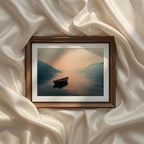 Coastal Mediterranean Photography Set of 9 iArt Tech Studio capturing a single wooden boat floating on a calm Mediterranean lake at sunrise with soft mist, gentle reflections and layered mountain silhouettes in a peaceful minimalist composition.