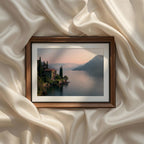 Coastal Mediterranean Photography Set of 9 iArt Tech Studio showcasing an elegant Mediterranean villa perched above a tranquil lake with lush gardens, towering cypress trees, calm water reflections and breathtaking mountain views.