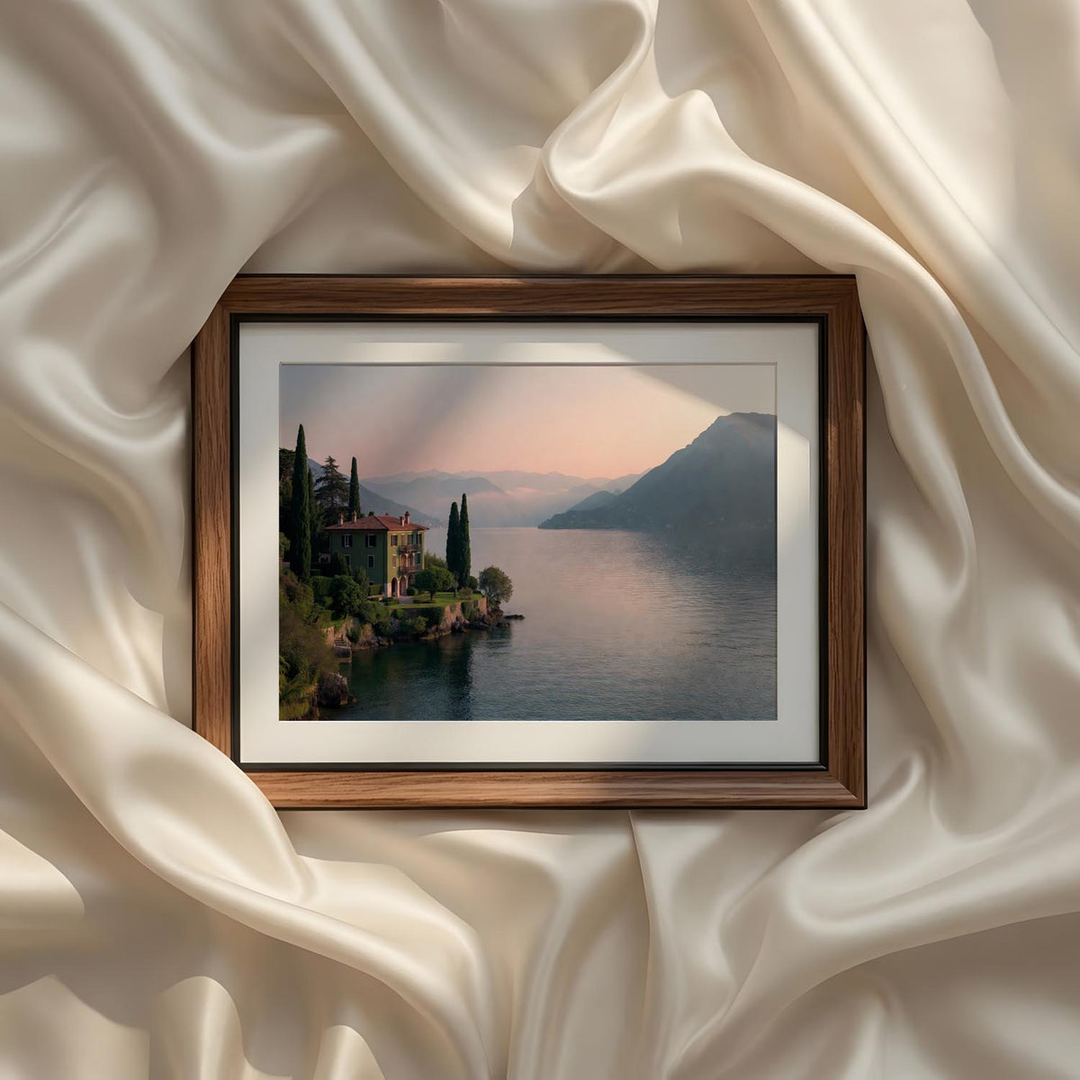 Coastal Mediterranean Photography Set of 9 iArt Tech Studio showcasing an elegant Mediterranean villa perched above a tranquil lake with lush gardens, towering cypress trees, calm water reflections and breathtaking mountain views.