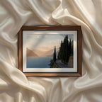 Coastal Mediterranean Photography Set of 9 iArt Tech Studio featuring a scenic lakeside road lined with elegant Italian cypress trees overlooking sparkling Mediterranean waters and sunlit mountain peaks in a classic European landscape.