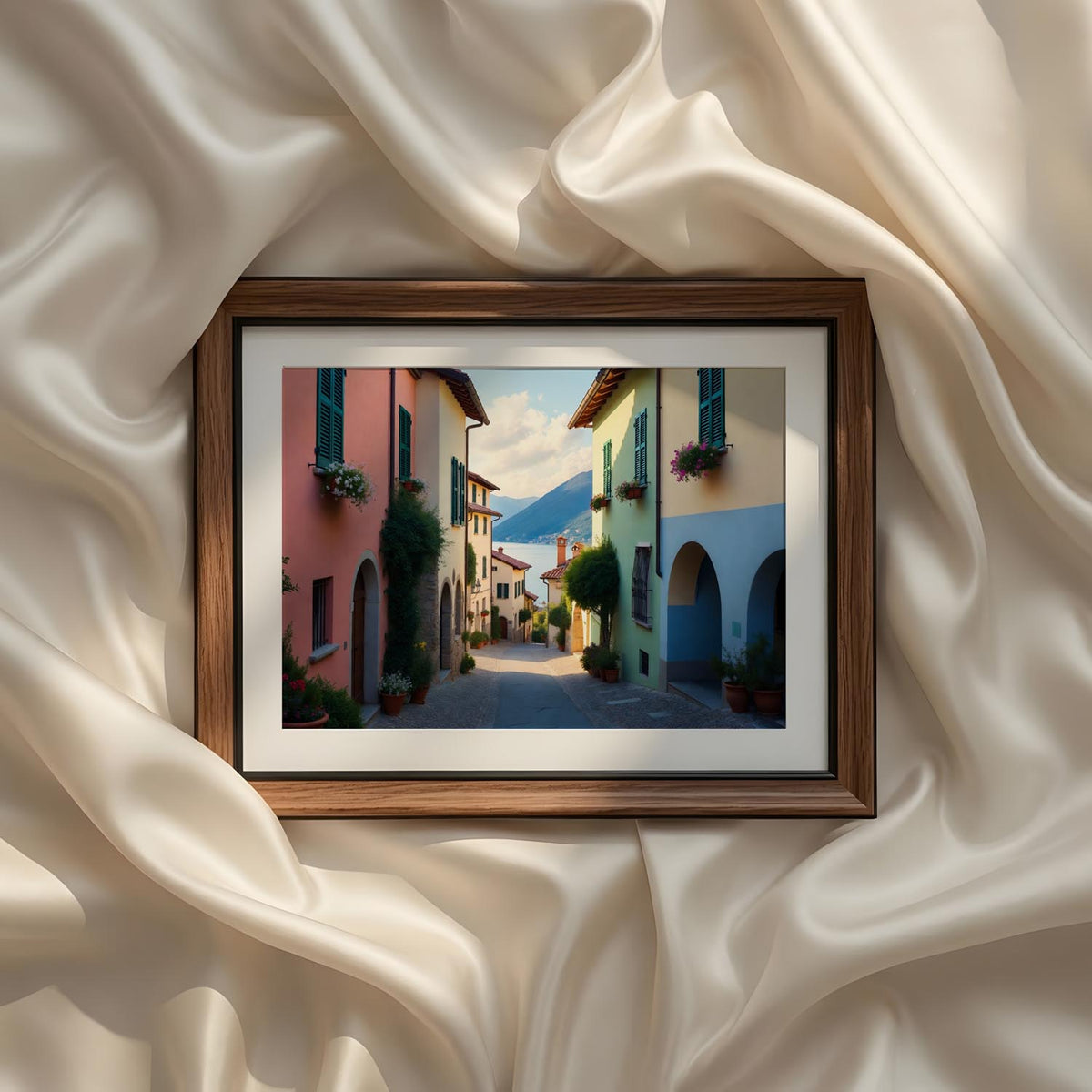 Coastal Mediterranean Photography Set of 9 iArt Tech Studio featuring a colorful Mediterranean street lined with pastel homes, flower-filled balconies, charming archways and cobblestone pathways leading toward the peaceful Italian lakeside atmosphere.