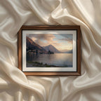 Coastal Mediterranean Photography Set of 9 iArt Tech Studio featuring a wide panoramic view of a Mediterranean lake surrounded by charming villages, towering alpine mountains, peaceful waterfront terraces and soft natural daylight.