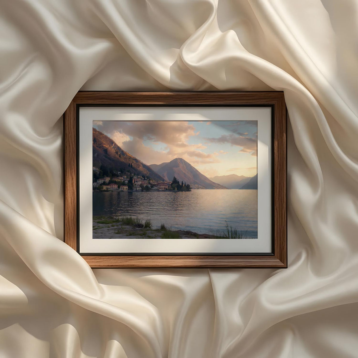 Coastal Mediterranean Photography Set of 9 iArt Tech Studio featuring a wide panoramic view of a Mediterranean lake surrounded by charming villages, towering alpine mountains, peaceful waterfront terraces and soft natural daylight.