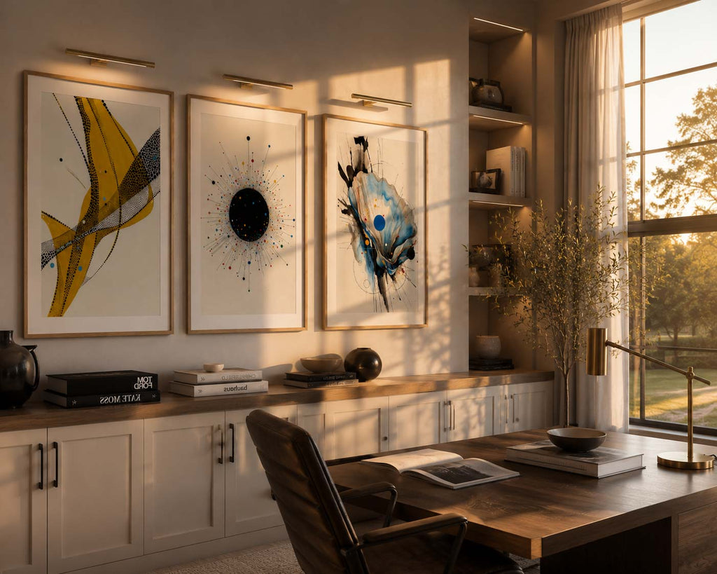Elegant abstract watercolor gallery wall featuring three oversized modern prints in blue, black and golden yellow illuminated by warm golden hour sunlight inside a luxurious executive home office. Natural oak gallery frames with museum-style white matting elevate the artwork while rich wood cabinetry, leather seating, designer accessories and expansive windows create a premium contemporary American interior perfect for luxury home décor inspiration.
